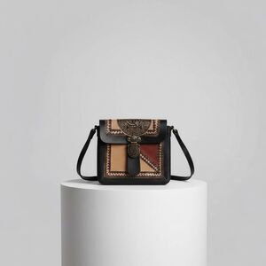 Leather Embossed Floral Western Style Handmade Mexico Crossbody Bag Black Tan